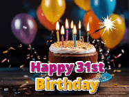 Happy Birthday Age 31 GIF, 31st Birthday GIF: A birthday cake with flickering candles gif with text reading Happy Birthday and a Name slot to customize