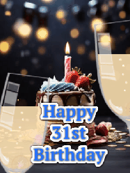 Happy Birthday Age 31 GIF, 31st Birthday GIF: A beautiful birthday cake gif with 2 champagne glasses making a toast where a sparkle shines and candle flame flickers.