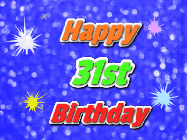 Happy Birthday Age 31 GIF, 31st Birthday GIF: A glitter birthday gif with a blue glitter background and animated text reading Happy Birthday Name