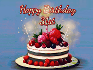 Happy Birthday Age 31 GIF, 31st Birthday GIF: Animated GIF of a birthday cake covered in berries with 2 sparklers and a candle, reads Happy Birthday Name. Customize it.