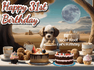 Happy Birthday Age 31 GIF, 31st Birthday GIF: Animated birthday gif with a dog at a fancy birthday table loaded with cakes as hearts appear. It reads Happy Birthday Customize.
