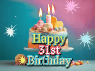 Happy Birthday Age 31 GIF, 31st Birthday GIF: A colorful animated Happy Birthday Cake GIF with swirling sparkles and flickering candles. It reads Happy Birthday Name