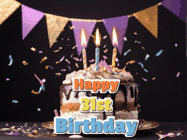 Happy Birthday Age 31 GIF, 31st Birthday GIF: Happy birthday cake animated gif with flickering candles, animated text, and falling confetti. Customize text reading Happy Birthday Customize.