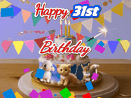 Happy Birthday Age 31 GIF, 31st Birthday GIF: Happy Birthday Cake GIF with a cat, lamb, and squirrel on the cake with flickering candles, a sparkler, and falling confetti. Reads Happy Birthday Name and you can customize the name