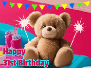 Happy Birthday Age 31 GIF, 31st Birthday GIF: A cute birthday teddy bear animated birthday gif with the bear holding sparklers and text to customize.
