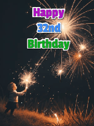 Happy Birthday Age 32 GIF, 32nd Birthday GIF: A little girl launching birthday sparklers at night with Happy Birthday Name text you can personalize. 