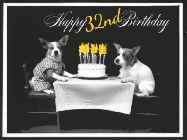 Happy Birthday Age 32 GIF, 32nd Birthday GIF: Vintage animated birthday card gif with name, flickering candles, birthday cake, and 2 dogs sitting at the table.