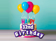 Happy Birthday Age 32 GIF, 32nd Birthday GIF: A beautiful birthday cake gif with candles, balloons and falling confetti stars. Personalize the name.