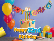 Happy Birthday Age 32 GIF, 32nd Birthday GIF: Happy birthday cake animated gif with flickering candles, balloons, confetti, and text to customize.