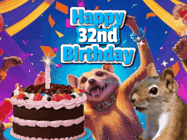 Happy Birthday Age 32 GIF, 32nd Birthday GIF: A silly animated birthday gif, a chipmunk lights bady cake sparkler with laser beam eyes and starts a bright glitter party.