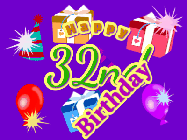 Happy Birthday Age 32 GIF, 32nd Birthday GIF: Animated Birthday GIF with growing and shrinking background and sparklers and a customizable name that spins around.