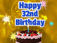 Happy Birthday Age 32 GIF, 32nd Birthday GIF: A glitter and sparkle happy birthday gif with swelling sparkles, a birthday cake, and 3 lines of text to customize