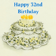 Happy Birthday Age 32 GIF, 32nd Birthday GIF: A beautiful vintage birthday cake design with flickering candles atop and three lines of customized happy birthday text.