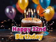 Happy Birthday Age 32 GIF, 32nd Birthday GIF: A birthday cake with flickering candles gif with text reading Happy Birthday and a Name slot to customize
