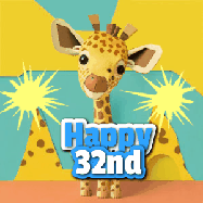 Happy Birthday Age 32 GIF, 32nd Birthday GIF: Cute giraffee birthday gif depicting a paper cutout bobbing giraffe head and birthday text you can customize with sparklers.