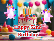 Happy Birthday Age 32 GIF, 32nd Birthday GIF: Animated Happy Birthday GIF with a beautiful birthday cake being lit up by two unicorns. There are 3 lines of text to customize.