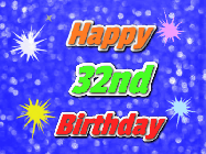 Happy Birthday Age 32 GIF, 32nd Birthday GIF: A glitter birthday gif with a blue glitter background and animated text reading Happy Birthday Name
