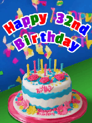 Happy Birthday Age 32 GIF, 32nd Birthday GIF: A brightly colored animated birthday gif with a cake and a cute cartoon dragon flies past to light the candles. Customize banner text.