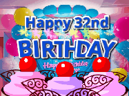 Happy Birthday Age 32 GIF, 32nd Birthday GIF: Birthday animated gif with sparklers on text name you can customize. Brightly colored with a close up cake cherries.