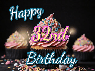 Happy Birthday Age 32 GIF, 32nd Birthday GIF: A delicious cupcake gif with animated sparkles reading Happy Birthday with a name to customize
