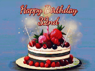 Happy Birthday Age 32 GIF, 32nd Birthday GIF: Animated GIF of a birthday cake covered in berries with 2 sparklers and a candle, reads Happy Birthday Name. Customize it.