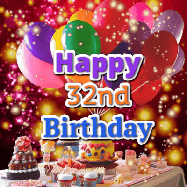 Happy Birthday Age 32 GIF, 32nd Birthday GIF: Animated happy birthday gif on a bright red glittery background and 3 lines of text reading Happy Birthday Customize