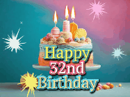 Happy Birthday Age 32 GIF, 32nd Birthday GIF: A colorful animated Happy Birthday Cake GIF with swirling sparkles and flickering candles. It reads Happy Birthday Name
