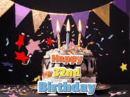 Happy Birthday Age 32 GIF, 32nd Birthday GIF: Happy birthday cake animated gif with flickering candles, animated text, and falling confetti. Customize text reading Happy Birthday Customize.