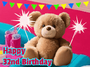 Happy Birthday Age 32 GIF, 32nd Birthday GIF: A cute birthday teddy bear animated birthday gif with the bear holding sparklers and text to customize.