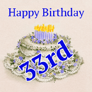 Happy Birthday Age 33 GIF, 33rd Birthday GIF: A beautiful animated birthday gif with a vintage style cake drawing and animated candle flames. Customize the name and text.