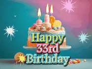 Happy Birthday Age 33 GIF, 33rd Birthday GIF: A colorful animated Happy Birthday Cake GIF with swirling sparkles and flickering candles. It reads Happy Birthday Name