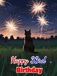 Happy Birthday Age 33 GIF, 33rd Birthday GIF: An animated gif at night showing the backside of a sitting cat who watches sparkle and fireworks over a meadow. Customize name and happy birthday.