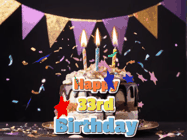 Happy Birthday Age 33 GIF, 33rd Birthday GIF: Happy birthday cake animated gif with flickering candles, animated text, and falling confetti. Customize text reading Happy Birthday Customize.