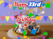 Happy Birthday Age 33 GIF, 33rd Birthday GIF: Happy Birthday Cake GIF with a cat, lamb, and squirrel on the cake with flickering candles, a sparkler, and falling confetti. Reads Happy Birthday Name and you can customize the name