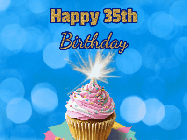 Happy Birthday Age 35 GIF, 35th Birthday GIF: Animated gif happy birthday cupcake with sparkler and customizable glittering text