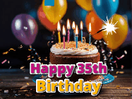 Happy Birthday Age 35 GIF, 35th Birthday GIF: A birthday cake with flickering candles gif with text reading Happy Birthday and a Name slot to customize