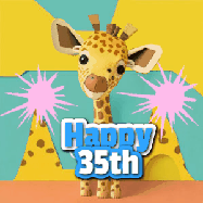 Happy Birthday Age 35 GIF, 35th Birthday GIF: Cute giraffee birthday gif depicting a paper cutout bobbing giraffe head and birthday text you can customize with sparklers.