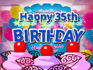 Happy Birthday Age 35 GIF, 35th Birthday GIF: Birthday animated gif with sparklers on text name you can customize. Brightly colored with a close up cake cherries.