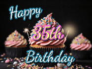 Happy Birthday Age 35 GIF, 35th Birthday GIF: A delicious cupcake gif with animated sparkles reading Happy Birthday with a name to customize