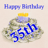 Happy Birthday Age 35 GIF, 35th Birthday GIF: A beautiful animated birthday gif with a vintage style cake drawing and animated candle flames. Customize the name and text.