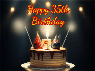 Happy Birthday Age 35 GIF, 35th Birthday GIF: Animated birthday cake gif with sparklers on a dark background. Personalize up to 3 lines of text.