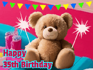 Happy Birthday Age 35 GIF, 35th Birthday GIF: A cute birthday teddy bear animated birthday gif with the bear holding sparklers and text to customize.