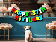 Happy Birthday Age 37 GIF, 37th Birthday GIF: Cute puppy animated birthday gif with dog watching the cake shop, then cake arrives and tail goes crazy! Customize it!