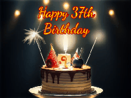 Happy Birthday Age 37 GIF, 37th Birthday GIF: Animated birthday cake gif with sparklers on a dark background. Personalize up to 3 lines of text.