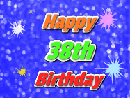 Happy Birthday Age 38 GIF, 38th Birthday GIF: A glitter birthday gif with a blue glitter background and animated text reading Happy Birthday Name