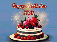 Happy Birthday Age 38 GIF, 38th Birthday GIF: Animated GIF of a birthday cake covered in berries with 2 sparklers and a candle, reads Happy Birthday Name. Customize it.
