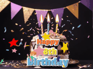Happy Birthday Age 38 GIF, 38th Birthday GIF: Happy birthday cake animated gif with flickering candles, animated text, and falling confetti. Customize text reading Happy Birthday Customize.