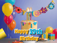 Happy Birthday Age 39 GIF, 39th Birthday GIF: Happy birthday cake animated gif with flickering candles, balloons, confetti, and text to customize.