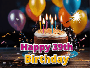Happy Birthday Age 39 GIF, 39th Birthday GIF: A birthday cake with flickering candles gif with text reading Happy Birthday and a Name slot to customize