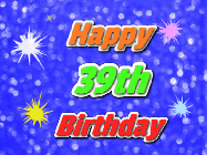 Happy Birthday Age 39 GIF, 39th Birthday GIF: A glitter birthday gif with a blue glitter background and animated text reading Happy Birthday Name